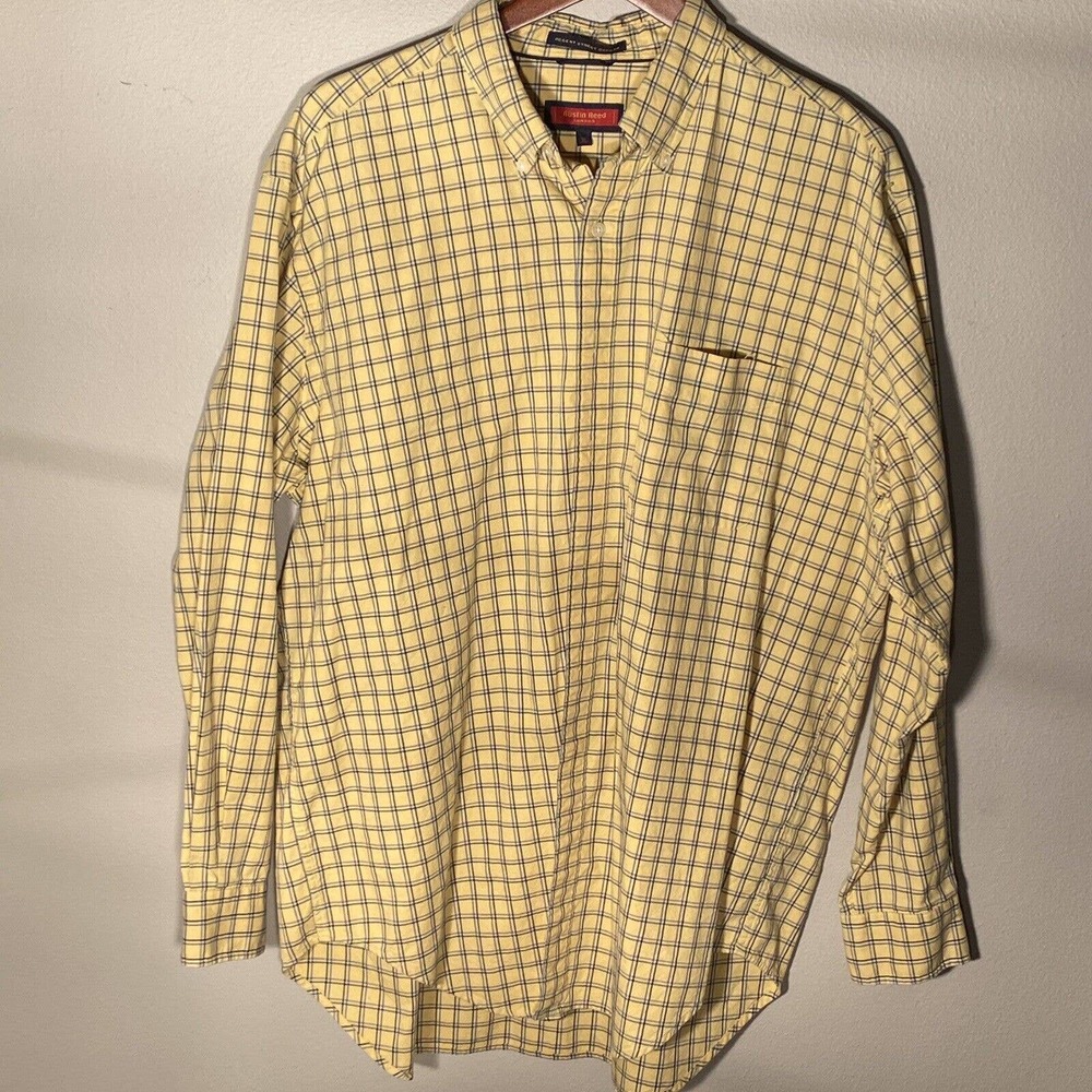 VTG Austin Reed London Shirt Size XL Yellow Plad Button Down Short Sleeve